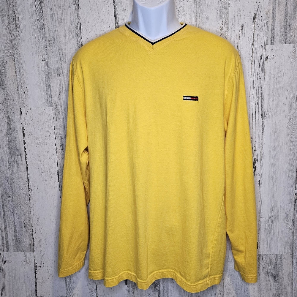 Vintage Tommy Hilfiger 100% Cotton Pullover Shirt Yellow Men’s Large V-Neck